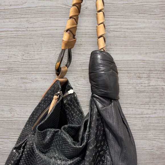 H by Halston Heritage Embossed Leather Pleated Hobo Shoulder Bag Black Tan Purse - Picture 12 of 16